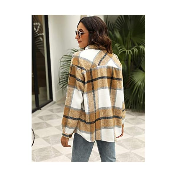 UANEO Womens Plaid Shacket Button Down Wool Blend Fall Flannel Shirt Jacket (Khaki-M)
