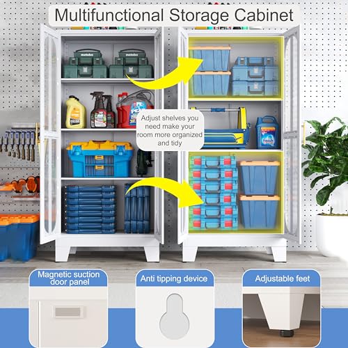 Metal-Storage-Cabinet-Kitchen-Pantry-Cabinet-with-2-Cross-Door-Panels-and-3-Adjustable-Shelves-Versatile-Storage-Pantry-for-Living-Room-Office-Laundry-Dining-Room-or-Outdoor-White Metal Storage Cabinet Kitchen Pantry Cabinet with 2 Cross Door Panels and 3 Adjustable Shelves Versatile Storage Pantry for Living Room Office Laundry Dining Room or Outdoor White