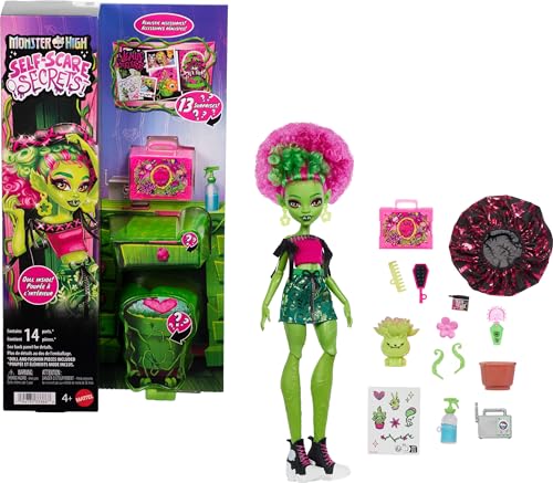 Monster High Self-Scare Secrets Venus McFlytrap Doll and Accessories Set with 13 Realistic Surprises Like Haircare Products, Bonnet and Plant