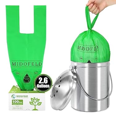 AMAZON - MIDOFELD 2.6 Gallon Compostable Bags, Biodegradable Small Trash Bags 100 Count Waste Basket Liner for Food Scrap, 0.8 mil Extra Thick Garbage Bag for Kitchen Countertop Bin, T Shirt Bag BPI Certified