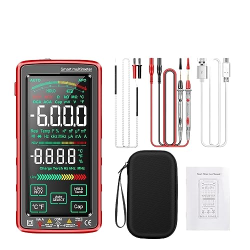 スマートデジタルマルチメータタッチスクリーン電気容量計 6000 カウント AC/DC 充電式懐中電灯測定ツール 簡単操作(Red)