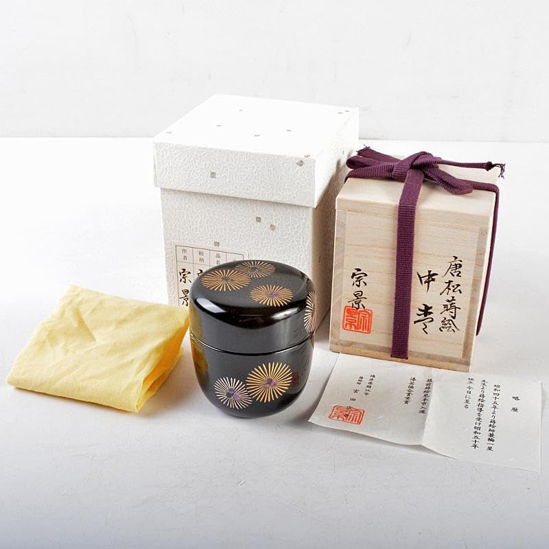 茶道具　越前蒔絵師　宮田宗景作　唐松蒔絵　中棗　共箱　V　R5280 茶道具 越前蒔絵師 宮田宗景作 唐松蒔絵 中棗 共箱 V R5280 茶道具