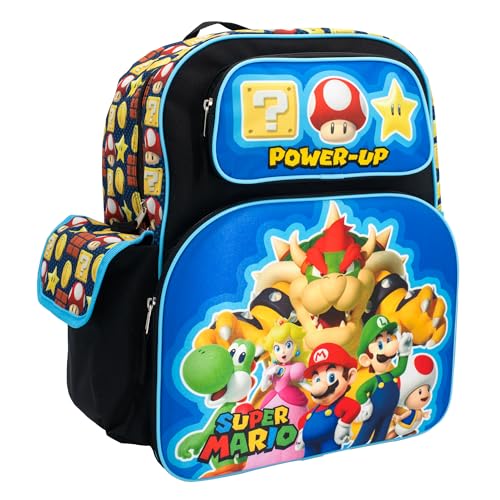 Image of AI ACCESSORY INNOVATIONS Super Mario Brothers Backpack, 16 inch Schoolbag with 3D Molded front pocket featuring Super Mario Characters Mario, Lugi, Princess Peach, Yoshi, & Boswer