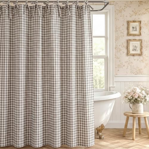 Fanfanwin 72 x 72 Light Brown Gingham Shower Curtain Linen Blend Tie Top Plaid Shower Curtains Hanging Farmhouse Home Decor Washable for Bathrooms Bedrooms and Offices