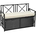 YITAHOME 70 Gallon Outdoor Storage Bench w/Cushion, Wicker Storage Deck Box w/Seat, All-Weather PE Rattan Storage Seating for Patio Furniture, Outdoor Cushions and Garden Tools -Black&Beige