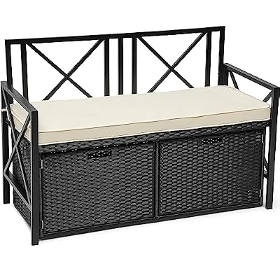 YITAHOME 70 Gallon Outdoor Storage Bench w/Cushion, Wicker Storage Deck Box w/Seat, All-Weather PE Rattan Storage Seating for Patio Furniture, Outdoor Cushions and Garden Tools -Black&Beige