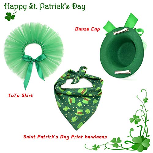 Vehomy Pet Dog Saint Patrick's Day Costume - Green Dog Top Hat Dog Saint Patrick's Day Shamrock Bandana With Clover Pattern And Pet Tutu Skirt For Girl Dogs Cats Puppy Kitten 3Pcs #TOP1