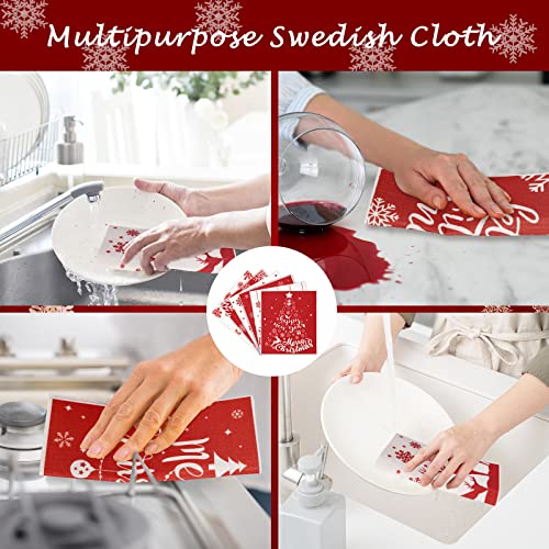 Whaline 6Pcs Christmas Swedish Dishcloths Red White Xmas Tree Snowflake Reindeer Kitchen Dish Towel Reusable Cotton Xmas Kitchen Towels For Christmas Winter New Year Baking Cooking, 6.7 X 7.7Inch #TOP4