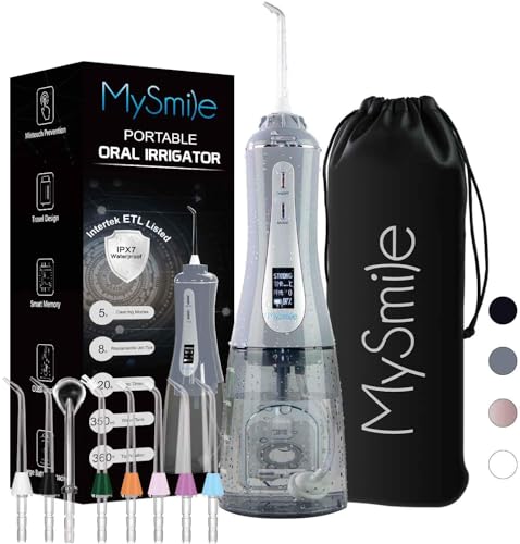 MySmile LP221 UVC Sterilizable Cordless Water Flossers for Teeth 335ML Portable OLED Display Dental Flosser with 4 Modes 8 Jet Tips and a Storage Pouch for Home and Travel (Juicy Pink)