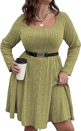 Image of Women's Plus Size Casual Sweater Dress Square Neck Long Lantern Sleeve Tie Waist Loose Pullover Sweater Dresses