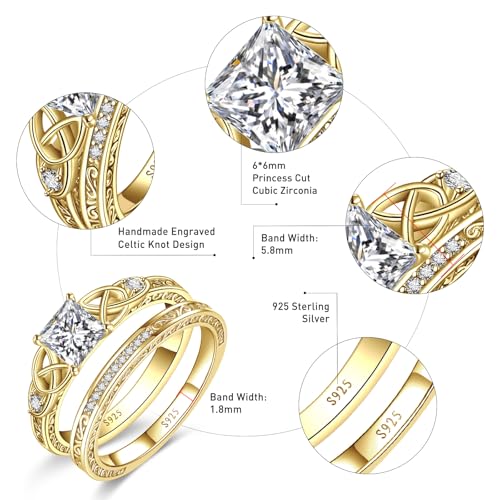 Image of Vintage Celtic Knot Women's Engagement Ring Sets 925 Sterling Silver /14K Gold Plated Stackable Wedding Bands Rings AAAAA Cubic Zirconia Women Bridal Sets Wedding Ring Band Width 1.8mm Size 5-9