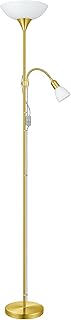 EGLO Stehlampe Up 2, 2 flammige Stehleuchte, Standleuchte aus Metall, Glas und Kunststoff, Wohnzimmerlampe in Messing-Matt, Weiß, Lampe mit Schalter, Deckenfluter mit Leselampe, E27 E14