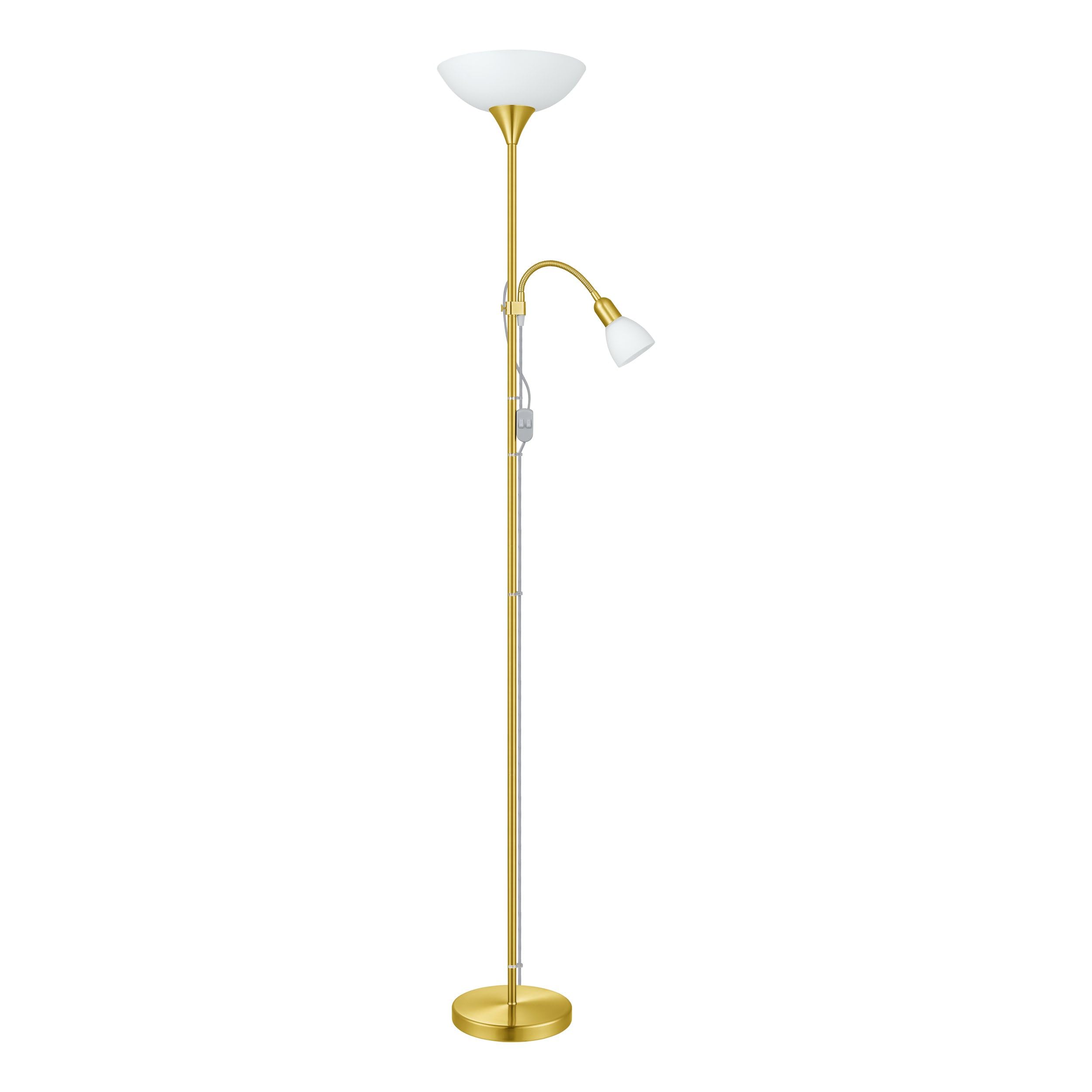 EGLO lampa podłogowa Up 2, 2-płomienna oświetlenie podłogowe nowoczesna, klasyczna lampka podłogowa ze stali i szkła, światło do salonu w kolorze mosiądz matowy i biały, z wyłącznikiem, reflektor sufitowy z lampką do czytania, oprawka E27 + E14