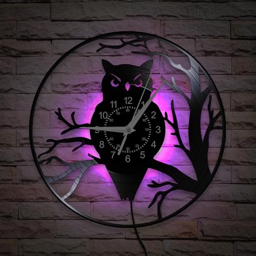 TIMEGLOW 12 Inch Winter Owl on Branch Wall Clock 7 Kinds of LED Color, Cute Animal Kids Room Wall Cl