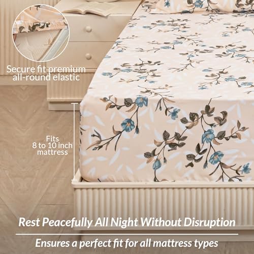Image of HOMEMONDE All Around Elastic Fitted Bedsheet King Size Mattress 72 x 78 Inch Floral Printed Fitted Flat Sheet with 2 Pillow Covers - Papaya Whip, 210 TC,Multicolor | Perfect for Home Decor & Gifting