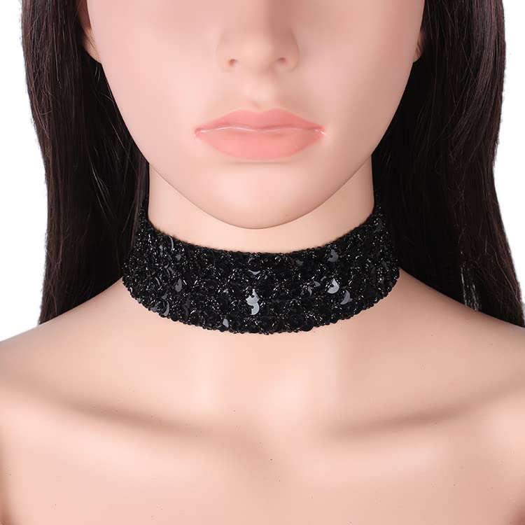 Chunky Wide Sexy Lace Velvet Short Collar Necklace Shiny Thick Rhinestone Metal Sequins Choker Necklace Party Costume Jewelry for Women3