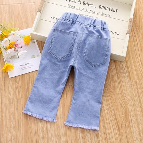 Baby Girls Ripped Denim Bell Bottom Jeans Hearts Embroidery Vintage Toddler Kid Flare Pants Jeans Hippie Pants 1-6 Y3