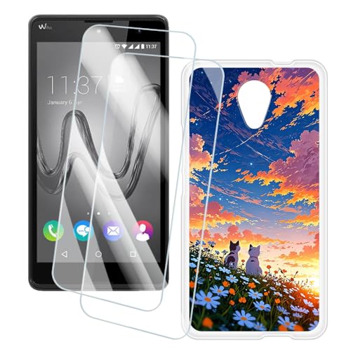 OAGELIM 2 Pack Protège-Écran + Coque Compatible avec Wiko Robby (5.5 Pouce) Coque Impression Artistique Personnalisée et Film Verre Trempé (Chat)