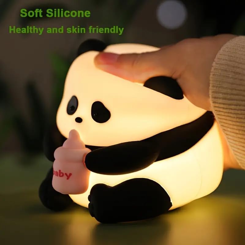 Image of One94Store Panda LED Night Light with Glasses & Bottle - Soft Silicone Animal Lamp, Rechargeable & Portable for Kids Room, Nursery, Baby Shower Gift (Warm White)