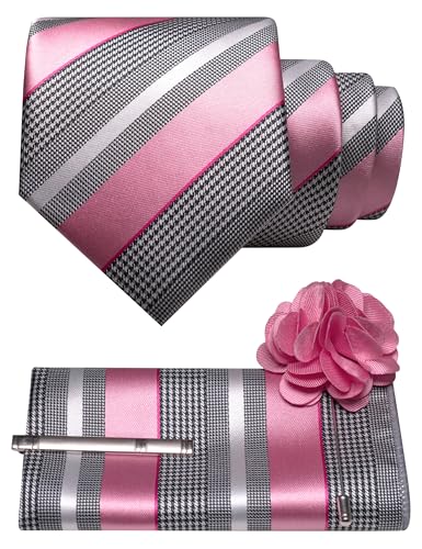 Image of JEMYGINS Mens Striped Tie and Lapel Pin Necktie Pocket Square and Tie Clip Sets for Business Casual 4PCS