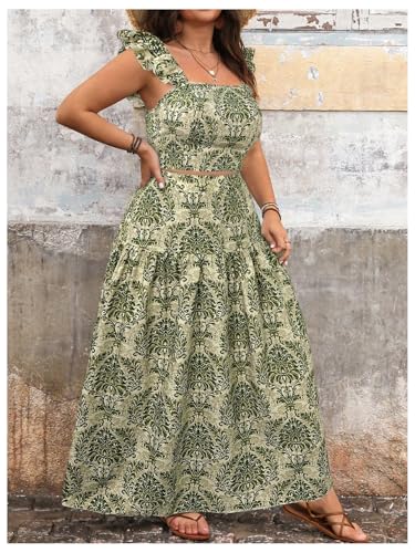 Floerns Women's Plus Size 2 Piece Outfit Floral Ruffle Sleeve Tops Maxi Skirt Set4