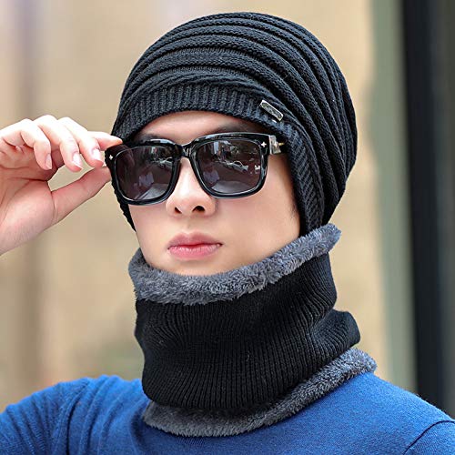 Bonnet tricoté pour homme en coton doublé velours - Chapeau d'hiver chaud