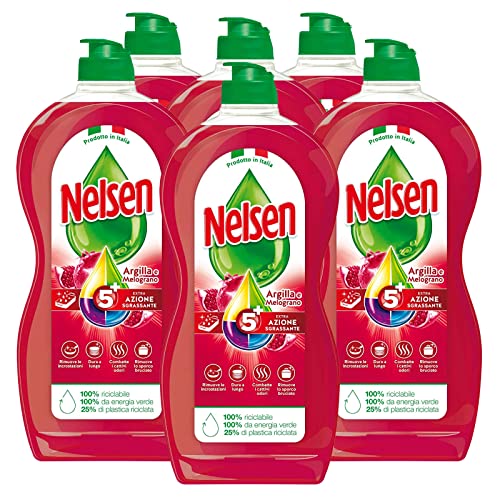 6x Nelsen Argilla e Melograno Detersivo Liquido per Piatti Bicchieri Posate Stoviglie ad Azione Extra Sgrassante Detergente Antiodore Formula a Lunga Durata per Lavaggio a Mano - 6 Flaconi da 900ml