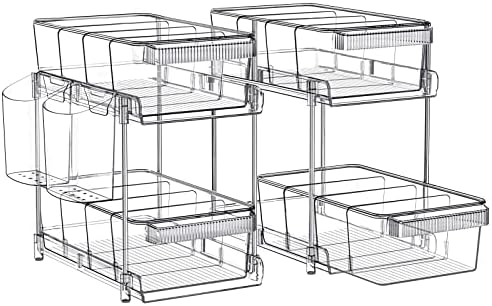 2 SET, 2 Tier Bathroom Organizer with Dividers, Clear Under Sink Organizers and Storage with 2 Cups, Multi-Purpose Pull-Out Storage Container for Bathroom Kitchen Organizer, Medicine Cabinet Organizer