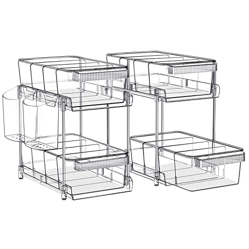 KEGDAN 2 Tier Clear Organizer with Dividers, Multi-Purpose Pull Out Storage Container with Hanging Ring, Clear Under Sink Organizers, Bathroom Kitchen Pantry Storage, Medicine Cabinet Organizer(2 SET)
