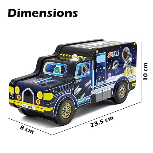 Image of VGRASSP Space Theme Metal Bus Piggy Bank Toy for Kids - Cute Money Safe with Lock and 2 Keys - Gullak Coin Box Gift - Color As Per Stock