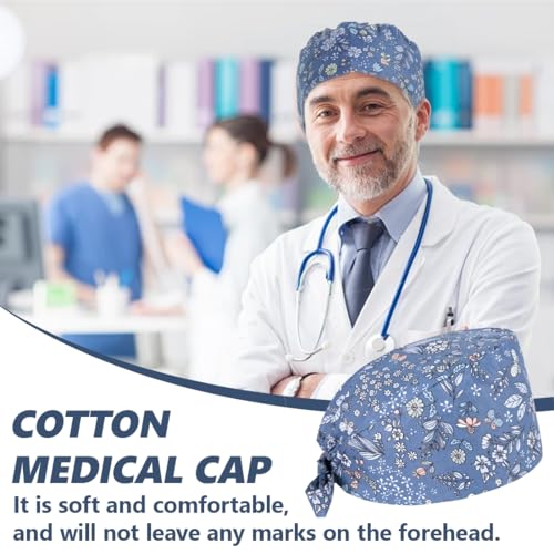 UEIOAVL Kopfbedeckungen für Krankenschwestern, 1 Stück verstellbare Krankenschwestermütze mit Blumenmuster Arbeitskappe aus Baumwolle bedruckt Unisex (blau)