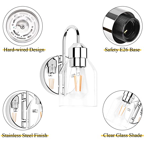 Image of Chrome Sconces Wall Lighting, Wall Sconces Set of 2, Modern Bathroom Vanity Light Fixtures, Farmhouse Metal Wall Lamp with Clear Glass Shade, Wall Mount Lights for Mirror Bedroom Hallway