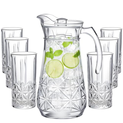 LemonRoad 7 Pcs Glasses Pitcher Drinkware Set 54oz Pitcher Carafe and 6 Tall Drinking Beverage Set, Jug with Lid and Spout for Juice, Iced Tea or Water(Crystle Style)