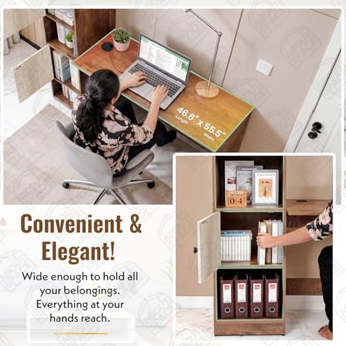 Image of ABOUT SPACE Study Table with Cabinet - Computer Table with 2 Open, 2 Closed Storage Space DIY Engineered Wood Office Desk for PC Laptop Gaming (Beige & Walnut - L 158.5 x B 56 x H 146.5cm)