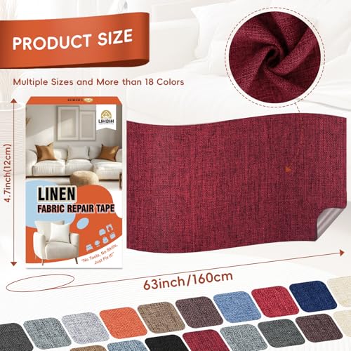 Linen Fabric Repair Tape 4.7x63 Inch, Self Adhesive Couch Patch Repair Fabric Tape for Furniture, Linen Patch Kit for Couch, Carpet, Upholstery, Chair, Sofa, Cushion, Bag (Burgundy) — view 2