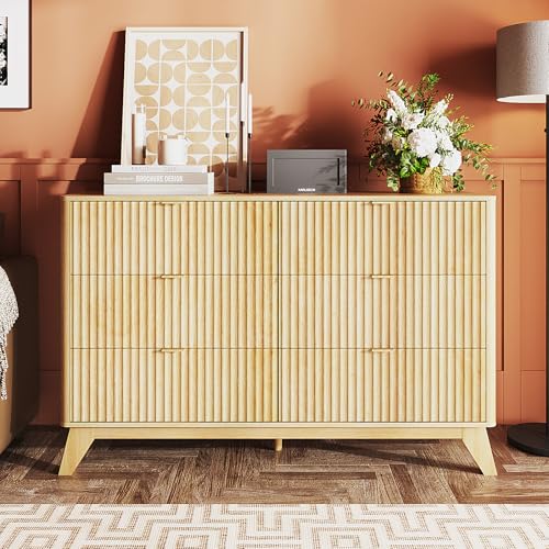 Image of VINGLI Fluted Dresser for Bedroom, 6 Drawer Dresser w /Rounded Edges, Mid Century Modern Dressers Natural Wood Color, 46.8 inch W*15.6 inch D*31 inch H