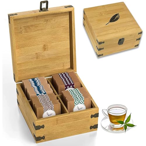 Zen Earth Inspired Bamboo Tea Organizer Box Chemical Free Eco-Friendly Big, Tall, Adjustable Cubbies Natural Wooden Storage Chest (4-Slot Square 7.4" x 8.1" x 4.2" with Tea Leaf Design)