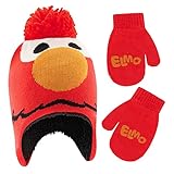 Sesame Street Boys Winter Accessory Hat and Mittens Set, Elmo Toddler Beanie and Mittens for Kids Ages 2-4, Red/Orange