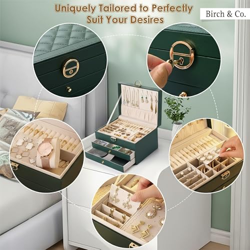 Image of Birch & Co. Jewellery Box - 3 LayerJewellery organizer storage box, Portable Travel-Friendly Storage. Elegant Storage Case for Rings, Earrings, Necklaces & Bracelets, Green
