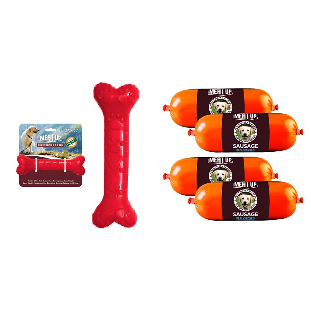 Meat Up Non-Toxic Rubber Dog Chew Bone Toy, Puppy/Dog Teething Toy (Medium) - 5 inches Real Chicken Sausage (Pack of 2), 150gm per Sausage (Buy 1 Get 1 Free) (B0B8ZKXN8N) Amazon Price History, Amazon Price Tracker