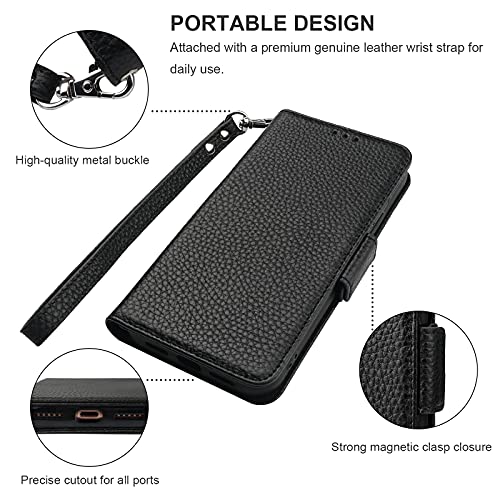 Bocasal Wallet Case For Iphone Se(2022)/Se(2020)/8/7, Genuine Leather Support Wireless Charging Rfid Blocking Flip Case Card Holder, Kickstand Folio Cover With Wrist Strap 4.7 Inch (Black) #TOP5