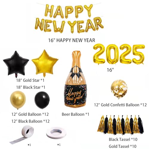Ouksma New Year 2025 Party Decoration Set, Black and Gold Foil Balloons, Banner, Star and Confetti Balloons, Happy New Year Supplies for New Year\'s Eve Celebration (Style 5)