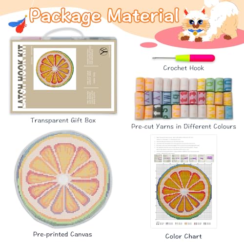 Image of YP Orange Latch Hook Rug Kit - 20x20 Inch DIY Needlecraft Set for Home Decor, Easy Beginner-Friendly Crochet Rug with Pre-Cut Yarn, Vibrant Handmade Craft for Teens & Adults