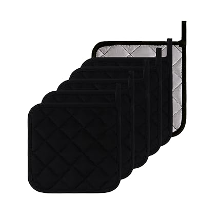 Kitchen Pot Holders Set Heat Resistant Pure Cotton Potholders Kit Trivets Large Coasters Hot Pads Terry Pot Holders for Everyday Cooking and Baking by 7 x 7 Inch Set of 6 Black