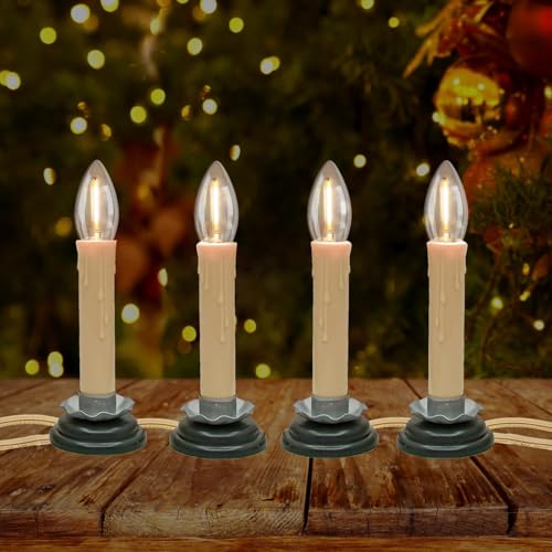 CHYParty 4 Pack Electric Window Candles 5 Inch Plug in Christmas Candle Lights with 0.6W C26 LED Bulbs Black Wood Plum Iron Base On/Off Switch Country Candlesticks for Holiday Home Decor