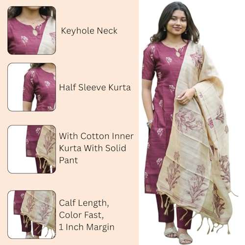 Image of Sun Fashion And Lifestyle Kurta Sets for Woman | Kurti Set | Women's 3 Piece Kurta Pant Dupatta Set | Chanderi Silk Kurta Woman | Elegant Suit for Women | Dupatta