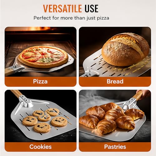 Dexpally 12 Zoll Pizzaschieber Edelstahl, Pizzaschieber Perforiert mit Abnehmbarem Holzgriff, Aluminium Pizza Schieber, Pizzaschaufel mit Großer, für Grill und Backofen (40 * 30 cm)
