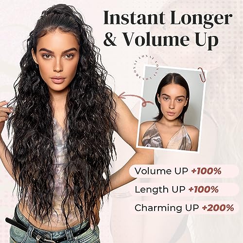 Lonai Ponytail Extension, 34 Inch Black Long Wavy Drawstring Ponytail Extensions, Dp001 Softer Lighter 80% Japanese Import Synthetic Clip In Hair Extensions Natural Looking Hairpiece For Women-Black thumb #3
