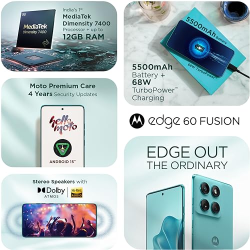 Image of Motorola Edge 60 Fusion 5G (Pantone Amazonite, 8GB RAM, 128GB Storage)| 6.67 inch pOLED Display | IP68 | 50MP+13MP Rear | 32MP Front Camera | MediaTek 7400 Processor| 5500mAh Battery | 68W Turbo Charger