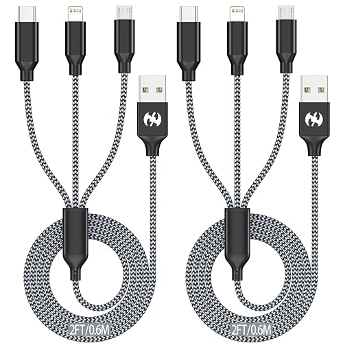 Multi Charging Cable 2ft 2Pack 3 in 1 Charger Cord, Short Multiple Rapid Nylon Braided Cable USB Charging Cable Multi Phone Charger Cord with Type C Micro Lightning USB Connectors for Cell Phones